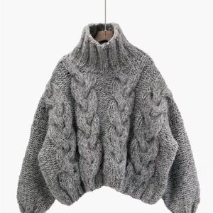 Etsy Hand-knit Oversized Soft Cozy Chunky Gray Cable Knit Sweater